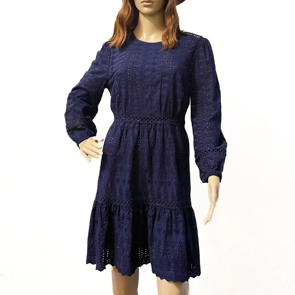 J. Crew Eyelet Lace Flutter Hem Embroidered Fit and Flare Cotton Dress Navy Sz 6